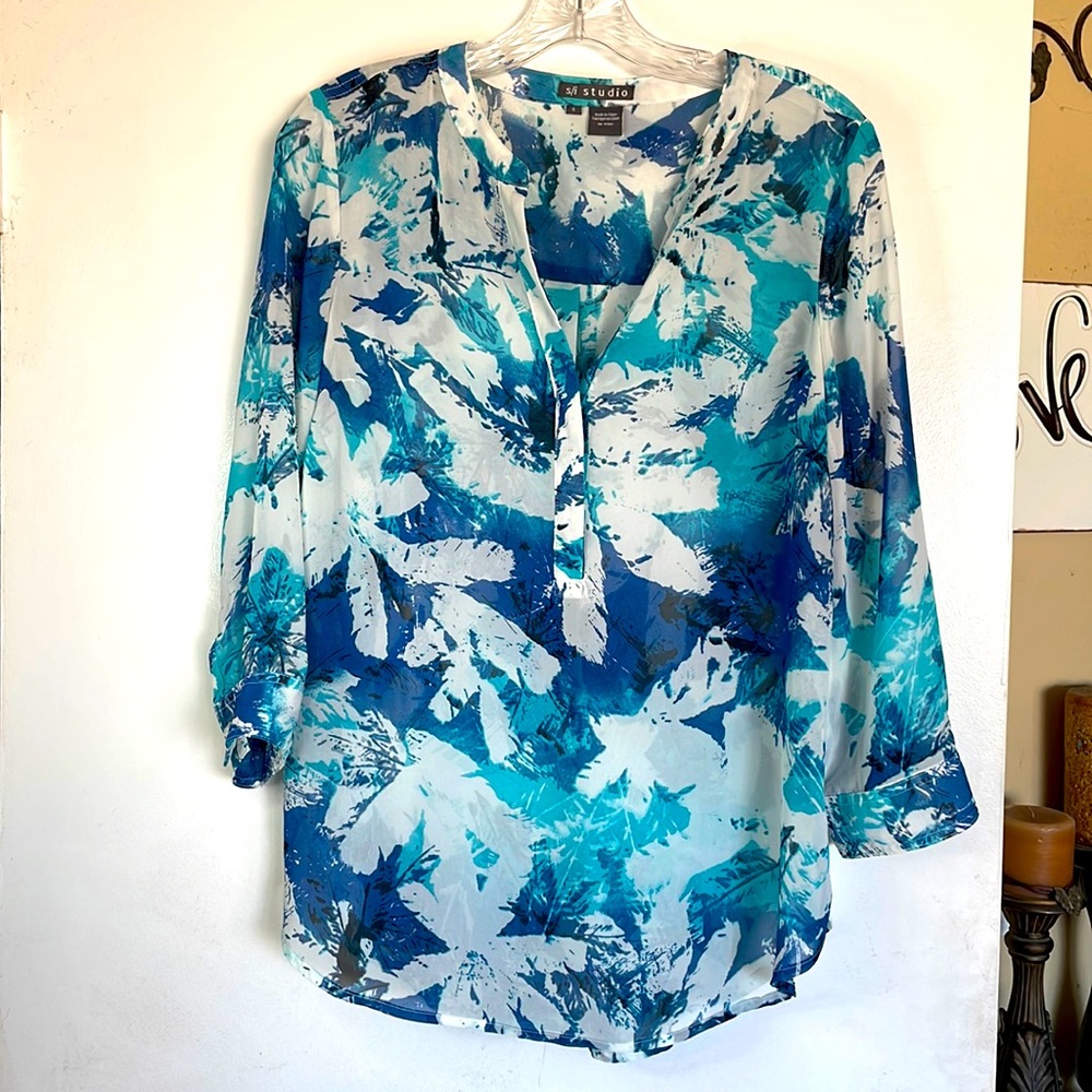 EUC S/i studio tropical print sheer tunic
